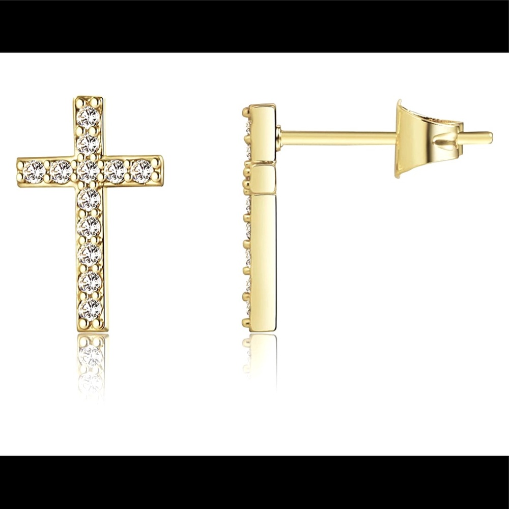 New 16k gold dainty cross earrings